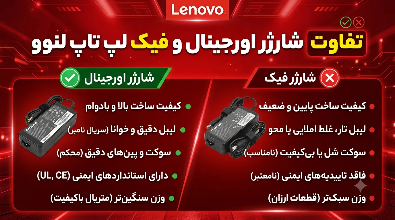 تفاوت شارژر اورجینال و فیک لپ تاپ لنوو؛ راهنمای کامل